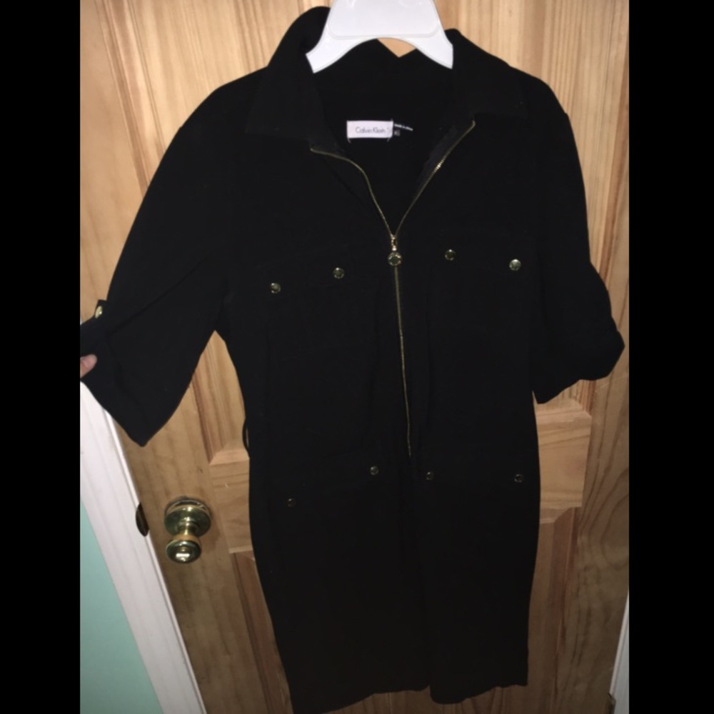 Black Collared Calvin Klein Dress w/ Gold Hardware